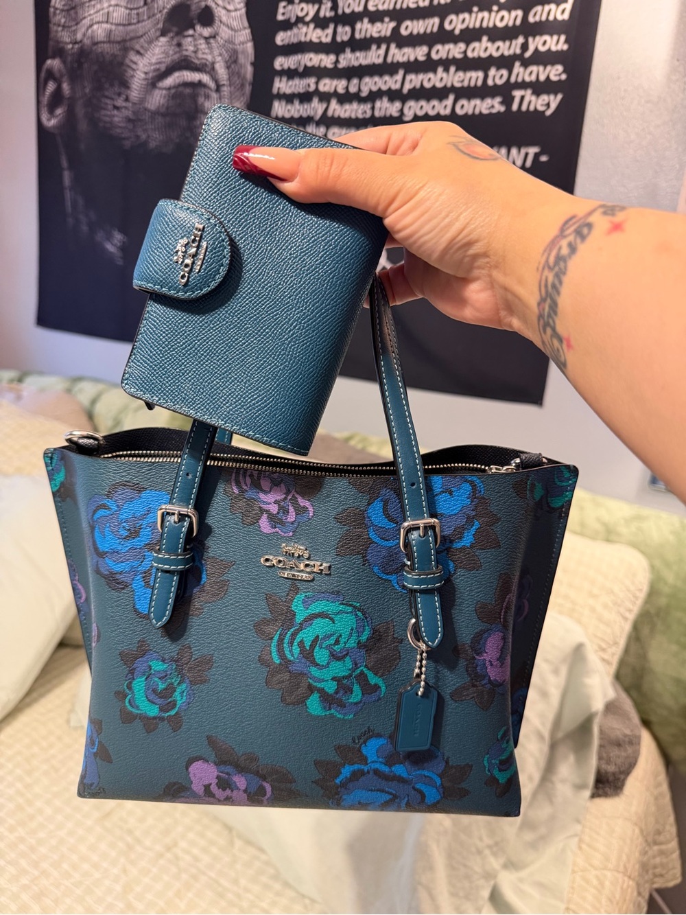 Coach Floral Leather Tote with Teal and Blue Accents